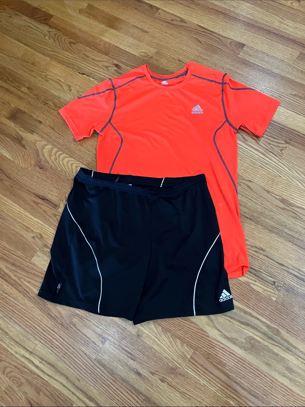 adidas Neon Orange Short Sleeve Climalite Tee with adidas black short Sz M EUC
